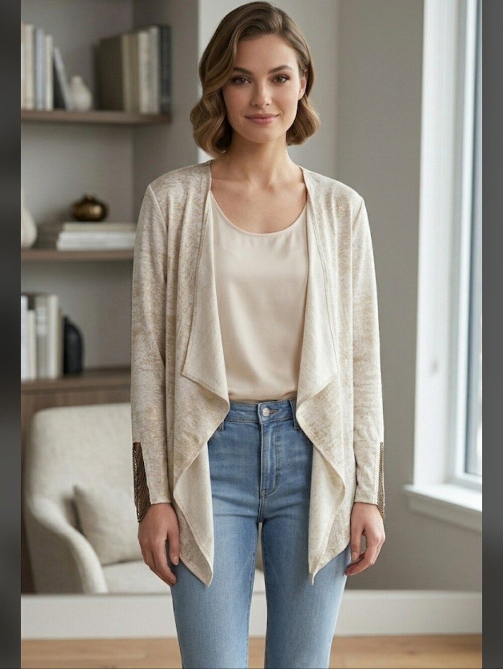 Frank Lyman Women Open-Front Drape Cardigan with Chain Tassels - Size 12